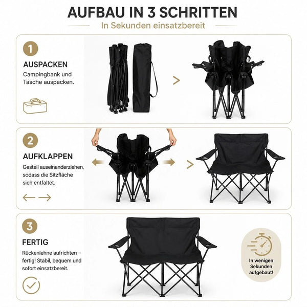 Campingsofa faltbar Camping Bank schwarz. Faltbar für 2 Personen. Nur 3,2 Kg. Immer dabei.