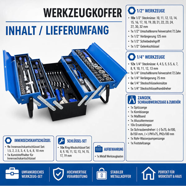 Sonderposten. Blauer 5-lagiger Vollmetall-Werkzeugkoffer: 85-teiliges Premium Werkzeugset in Klappkiste
