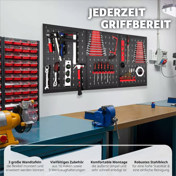 Werkzeugwand Metall 120 × 60 cm. Lochwand mit 25 Haken und Halterungen.