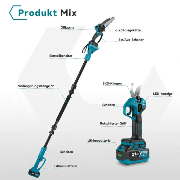 Akku Hoch-Astschneider und Astsäge 4-in-1 mit Kettensäge, Astschere & Teleskopstiel – 600W