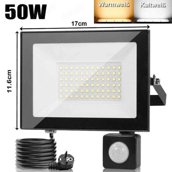 Neues LED Sicherheit Flutlicht Strahler mit Bewegungsmelder (Sensor) und Stecker zum direkten Anschließen. Lichtfarbe helles weiß. 30-100 Watt
