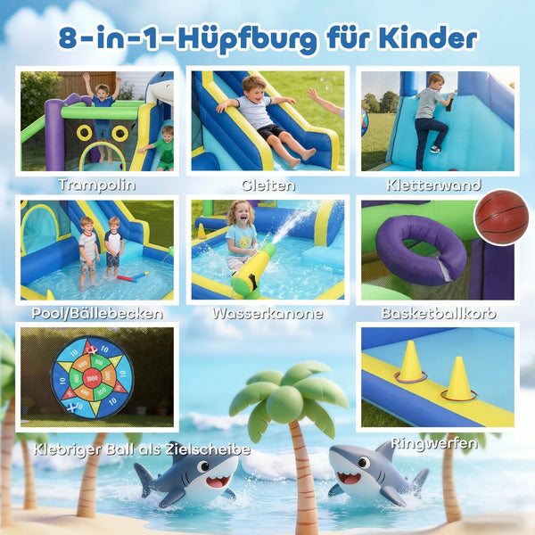Planschen, Springen, Toben, Hüpfen und Spielen – 8-in-1 Hai-Wasserpark