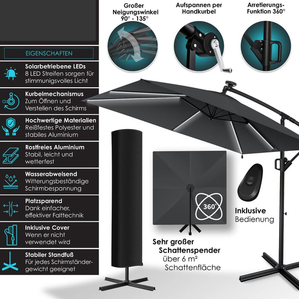 Ampelschirm 250cm x 250cm Sonnenschirm rechteckig. Inkl. Abdeckung + Windsicherung mit Kurbelvorrichtung Aluminium