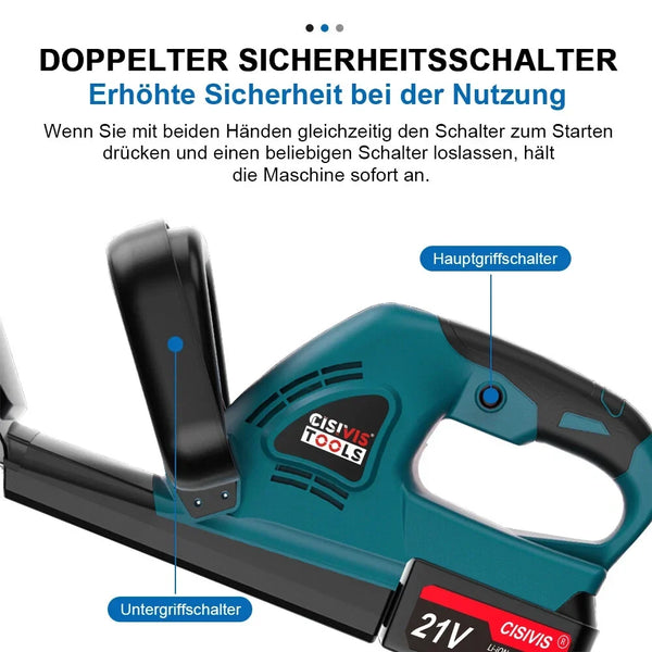 Sonderposten: Leistungsstarke Akku-Heckenschere. Inkl. 2 Akkus und Ladegerät.