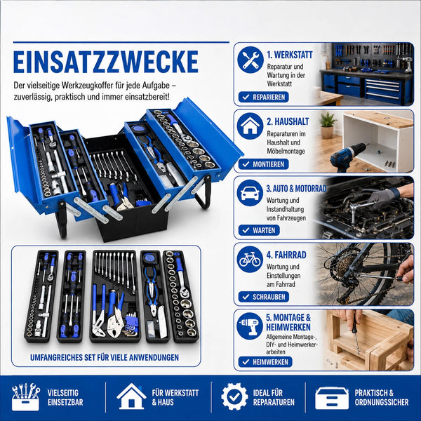 Sonderposten. Blauer 5-lagiger Vollmetall-Werkzeugkoffer: 85-teiliges Premium Werkzeugset in Klappkiste