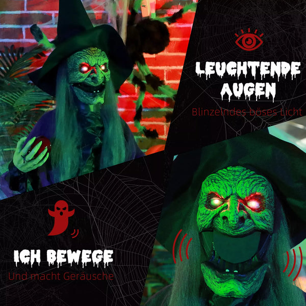 Halloween-Hexe 180 cm mit Gruselkopf, LED-Lichter, Soundfunktion