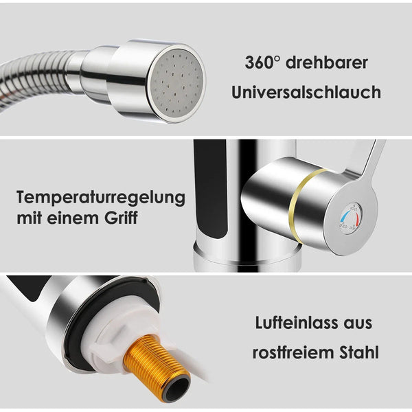Wasserhahn Flxibel Armatur mit Durchlauferhitzer mit LED-Anzeige. Komplette 3000W Armatur mit Stromanschluss.