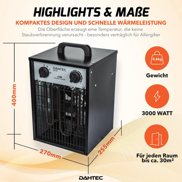 Elektrischer 3000 Watt Heizlüfter 2 Heizstufen schwarzes Gehäuse. Thermostat.