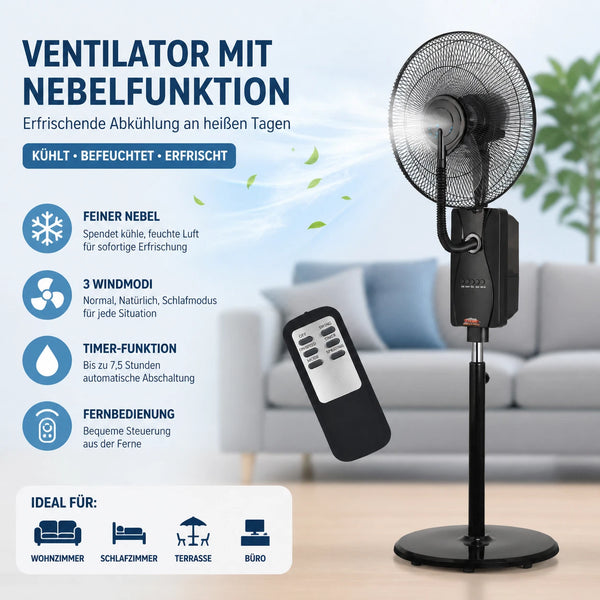 Nebelventilator Standventilator Ø40 cm Luftkühler Ventilator 80 Watt mit 1,2 Liter Wassertank für Ultraschallnebel