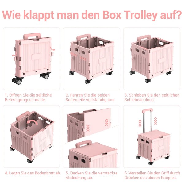 Faltbarer Einkaufstrolley Transportwagen. Einfach aufklappen. Braucht gefaltet nur sehr wenig Platz.