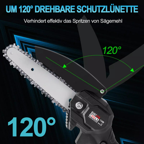 Schwarze Mini-Akku-Kettensäge 4 und 6 Zoll. (2 Ketten-Längen). Inkl. 2 Li-Ion-Akkus und Ladestation.