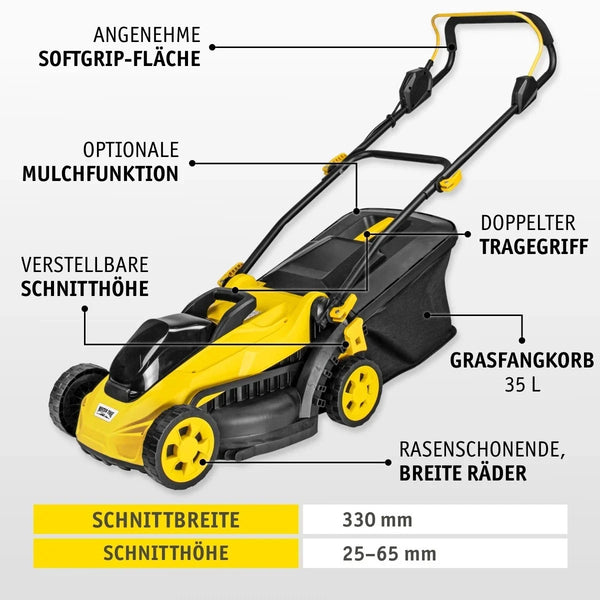 Sonderposten: Akku-Rasenmäher 20 V inklusive Akku & Ladegerät | Brushless | 33 cm | Mulchfunktion
