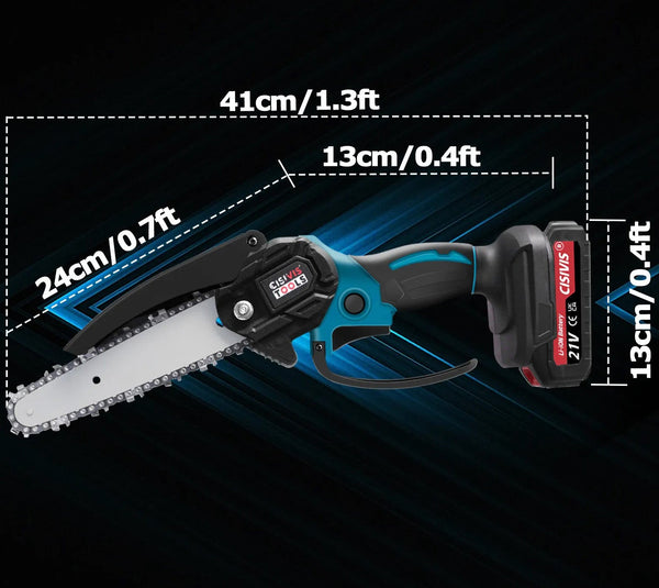 Mini-Akku-Kettensäge mit 2 Ketten-Längen. Inkl. 2 Li-Ion-Akkus und Ladestation.