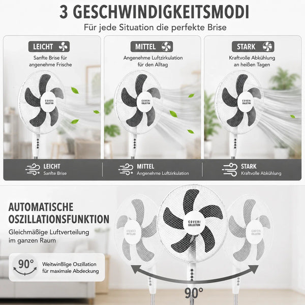 Standventilator Ø40 cm 125 cm Höhe. Luftkühler Ventilator Schwarz oder Weiß. Höhenverstellbar.