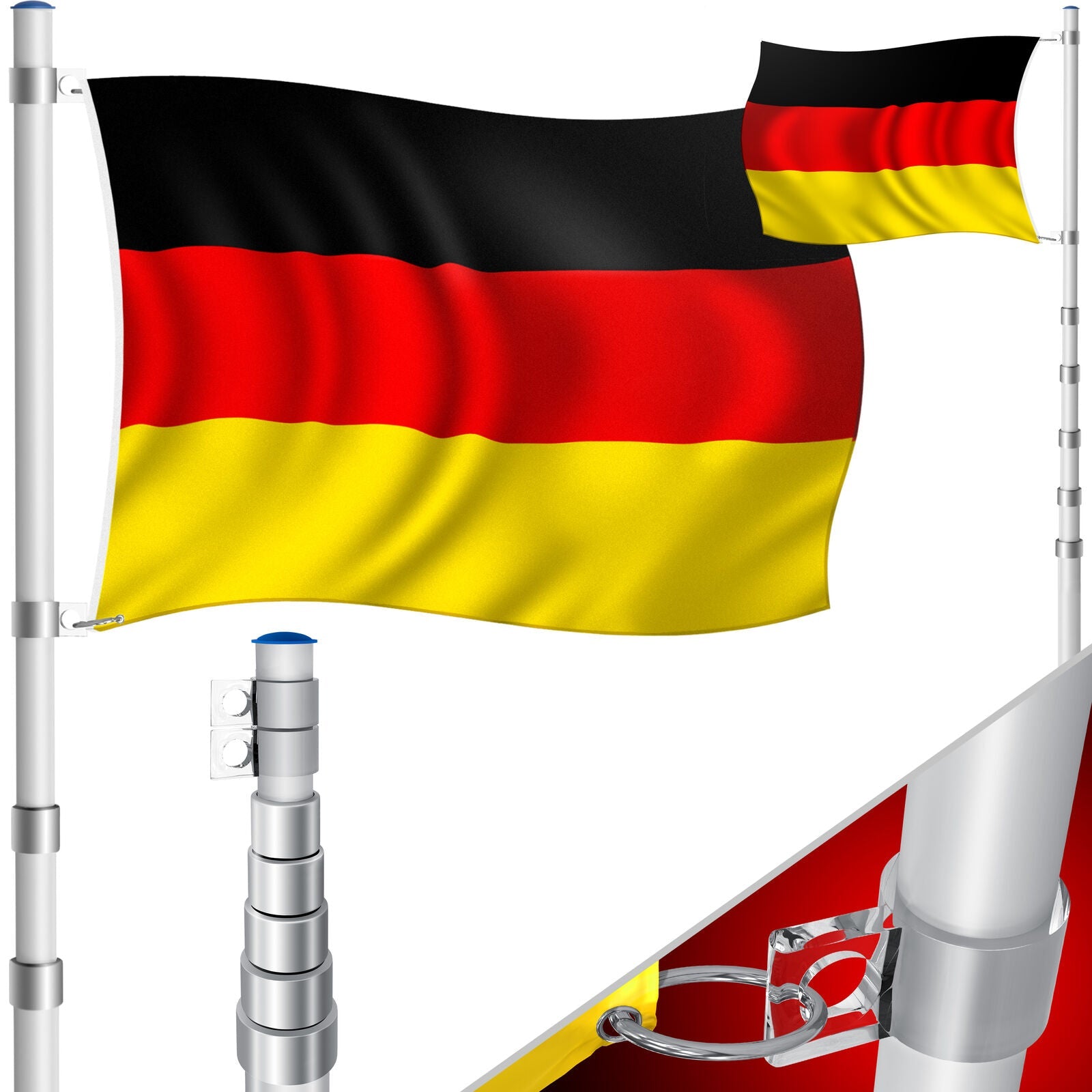 Teleskop-Fahnenmast (Silber o. Schwarz) mit Fahne. 6,30 m. Für Firma, Garten, Haus... Mit Flagge 150 x 90 cm.