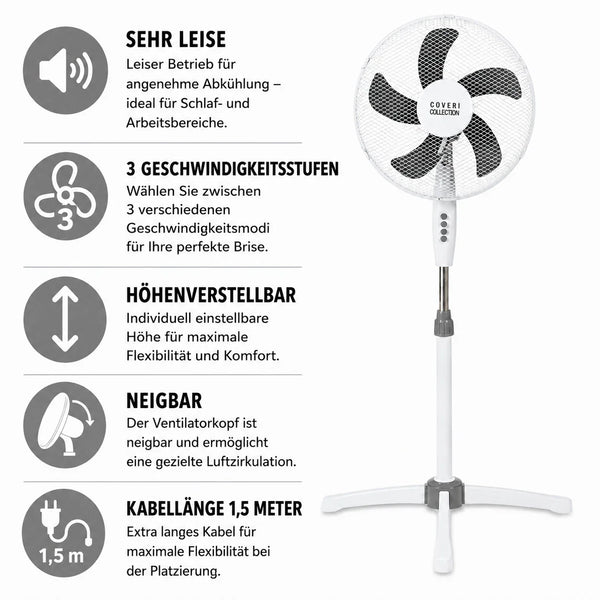 Standventilator Ø40 cm 125 cm Höhe. Luftkühler Ventilator Schwarz oder Weiß. Höhenverstellbar.