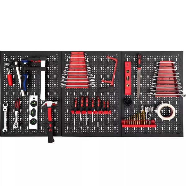Werkzeugwand Metall 120 × 60 cm. Lochwand mit 25 Haken und Halterungen.