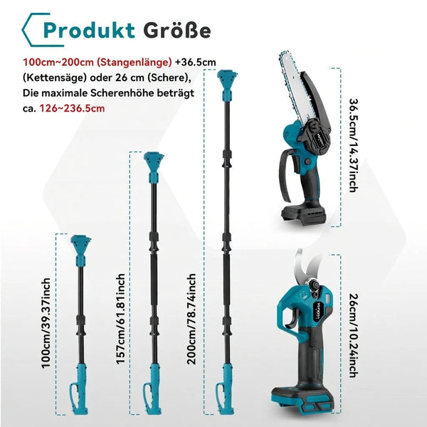Akku Hoch-Astschneider und Astsäge 4-in-1 mit Kettensäge, Astschere & Teleskopstiel – 600W