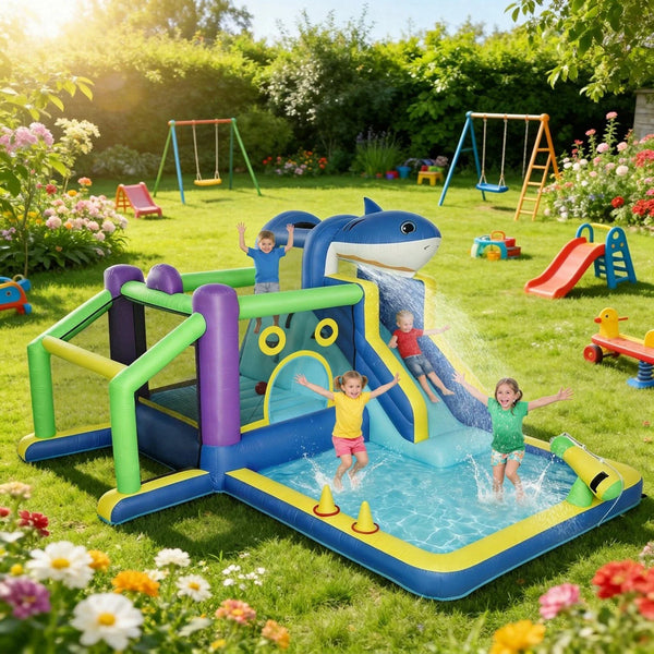 Planschen, Springen, Toben, Hüpfen und Spielen – 8-in-1 Hai-Wasserpark