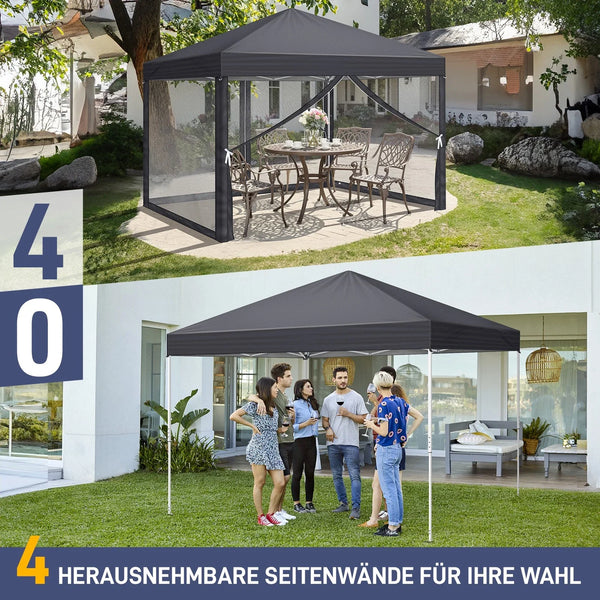 Faltpavillon 3 x 3 m Pop-Up – Partyzelt, Eventzelt & Gartenzelt mit 4 Moskitonetzen in Grau, Blau oder beige