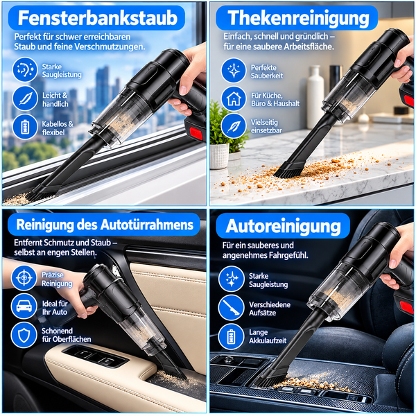 Autostaubsauger mit Akkus. Schluss mit Krümeln & Schmutz im Auto! Handstaubsauger für zu Hause und Büro.
