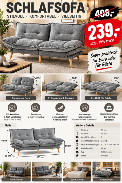 Bettsofa 3-Sitzer mit Schlaffunktion, Klappsofa, Schlafsofa mit Rückenlehne & Armlehnen. Bettfunktion