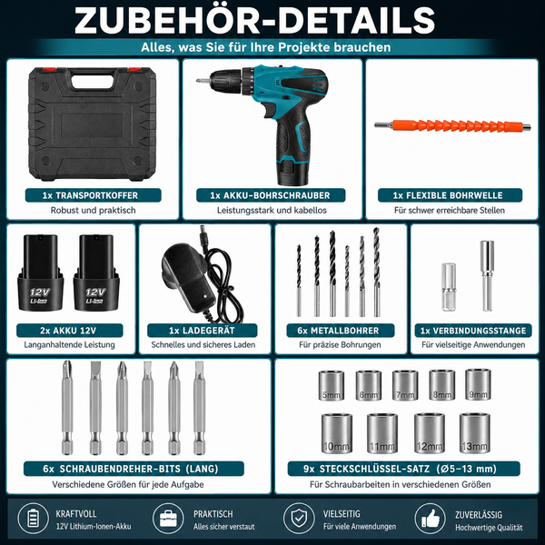 Sonderposten 29,- Euro: Akku-Bohrer (Akku-Schrauber). Inkl. 2 Li-Ion-Akkus und Ladestation.