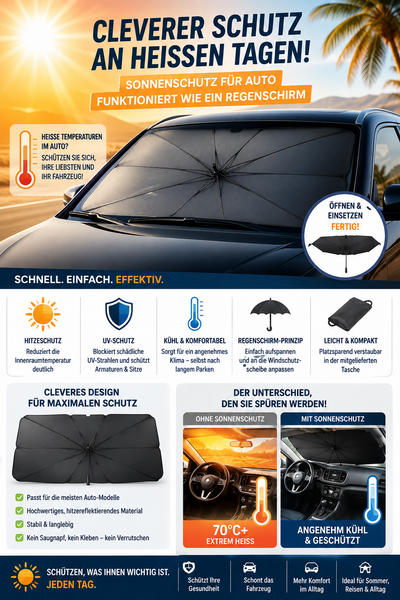 Auto-Sonnenschutz. Sonnenschutz-Schirm. Schnell geöffnet und platziert in Sekunden.