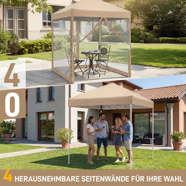 Faltpavillon 2 x 2 m Pop-Up – Partyzelt, Eventzelt & Gartenzelt mit 4 Moskitonetzen in Grau, Blau oder beige