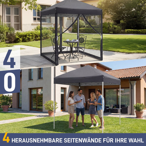 Faltpavillon 2 x 2 m Pop-Up – Partyzelt, Eventzelt & Gartenzelt mit 4 Moskitonetzen in Grau, Blau oder beige