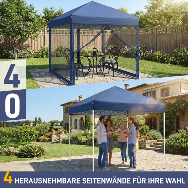 Faltpavillon 2 x 2 m Pop-Up – Partyzelt, Eventzelt & Gartenzelt mit 4 Moskitonetzen in Grau, Blau oder beige
