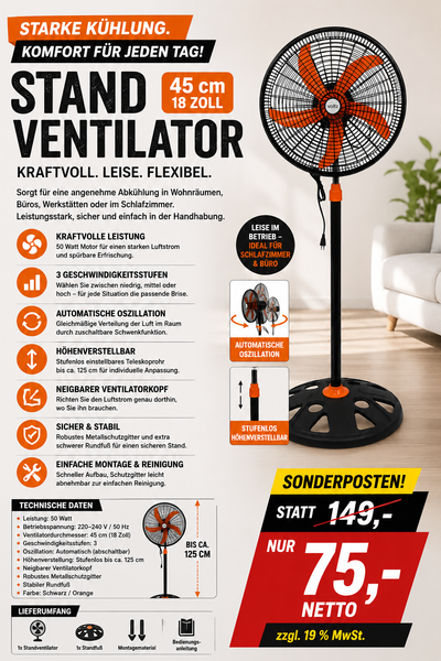 Standventilator Ventilator 45 cm, 50 Watt oszillierend