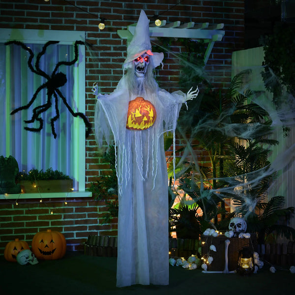 Lebensgroße alte Halloween-Hexe, Soundfunktion, mit Bewegungssensor und LED-Lichtern, 183 cm, weiß