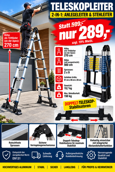Teleskop-Klappleiter 560 cm neu jetzt mit ausziehbaren Stabilisatoren. EN131 Europanorm.