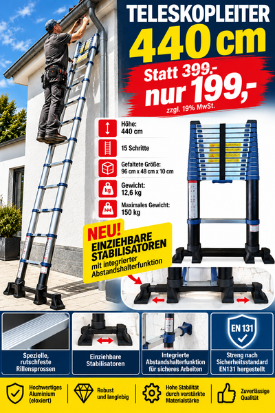 Teleskop-Anlegeleiter 440 cm neu jetzt mit ausziehbaren Stabilisatoren. EN131 Europanorm.