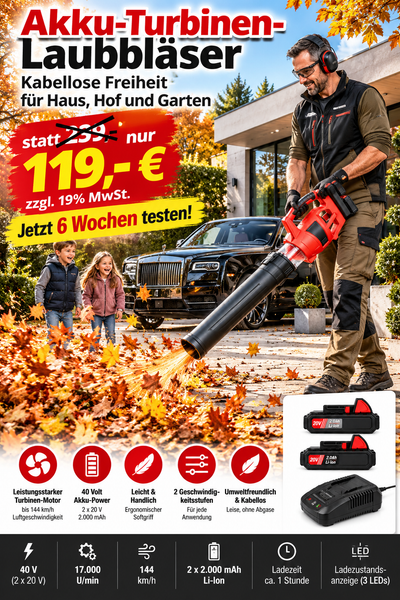 Akku Turbinen Laubbläser mit 40 Volt (2x 20V), 2x 2,0 Ah Lithium-Ionen Akku, 2 Stufen Drehzahlregulierung, hochwertiger Digital-Motor, Anti-Vibrationsgriff, incl. Akkus und Schnell-Ladegerät