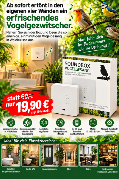 Soundbox Vogelgezwitscher mit Bewegungsmelder – Vogelgesang & Waldgeräusche für Bad, WC, Büro & Gastronomie