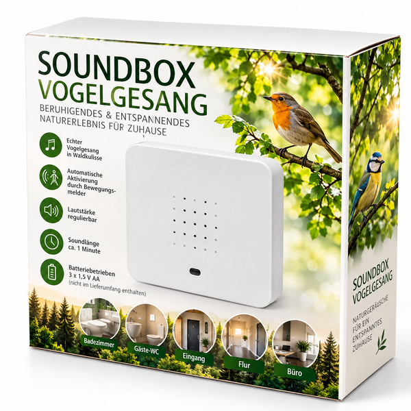 Soundbox Vogelgezwitscher mit Bewegungsmelder – Vogelgesang & Waldgeräusche für Bad, WC, Büro & Gastronomie