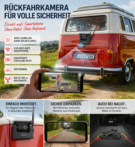 Autarke WLAN-Solar-HD-Rückfahrkamera, Akku, magnetisch, IR-Nachtsicht