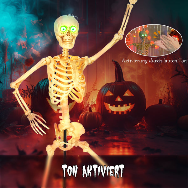Animierte Halloween-Dekoration – Skelett mit LED-Augen, Sound & Bewegung, 152 cm