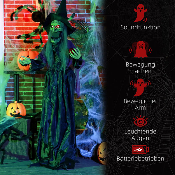 Lebensgroße Halloween-Hexe mit Giftapfel, Soundfunktion, mit Bewegungssensor und LED-Lichtern, 180 cm
