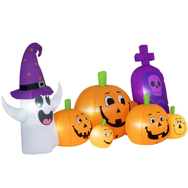 Halloween-Gartendeko Kürbisfamilie mit Geist und Grabstein, Gebläse wetterfest 240 x 130x 130 cm