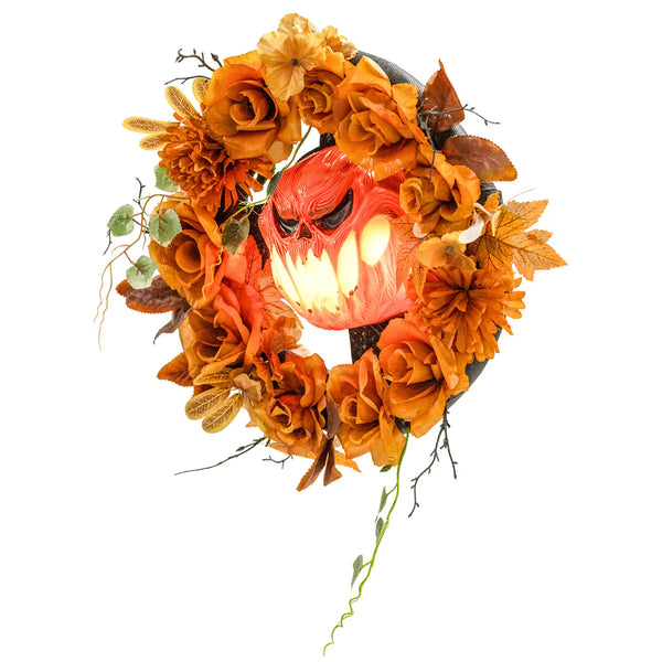Halloween-Kranz mit Kürbisgesicht & 44 LED-Lichtern – Flackernder Grusel für Tür, Fenster & Kamin, 44 cm