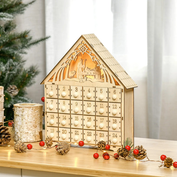 Adventskalender mit LED-Beleuchtung, 24 Schubladen, Krippenszene, 26,6x6x30 cm, Holzoptik