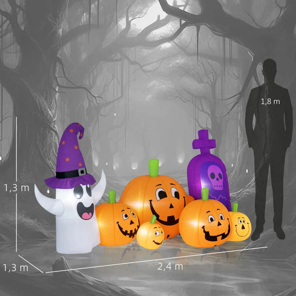 Halloween-Gartendeko Kürbisfamilie mit Geist und Grabstein, Gebläse wetterfest 240 x 130x 130 cm