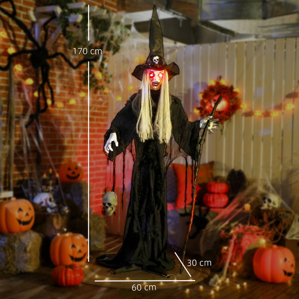 Animierte Halloween-Dekoration – Hexe mit Skull, LED-Augen, Sound & Bewegung, 170 cm