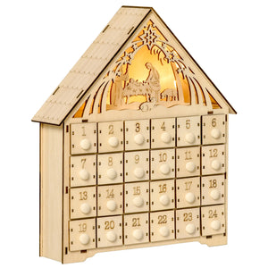 Adventskalender mit LED-Beleuchtung, 24 Schubladen, Krippenszene, 26,6x6x30 cm, Holzoptik