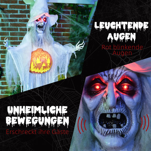 Lebensgroße alte Halloween-Hexe, Soundfunktion, mit Bewegungssensor und LED-Lichtern, 183 cm, weiß