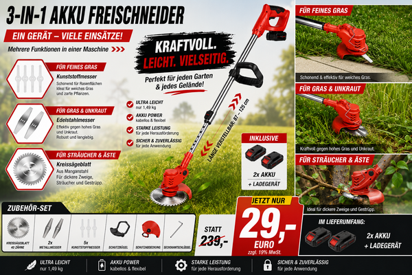 Akku-Rasentrimmer mit 2 Lithium-Akkus und Ladegerät Freischneider Motorsense