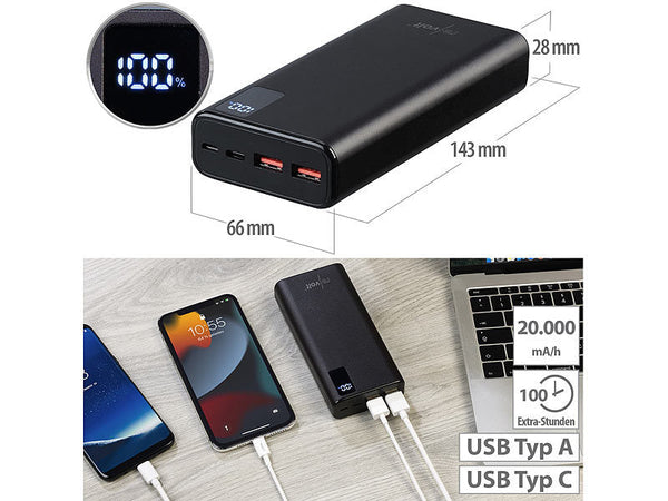 Powerbank 20.000 mAh. Extrem leistungsstark. Mit den neusten Anschlüssen. Für Smartphones und andere Geräte.
